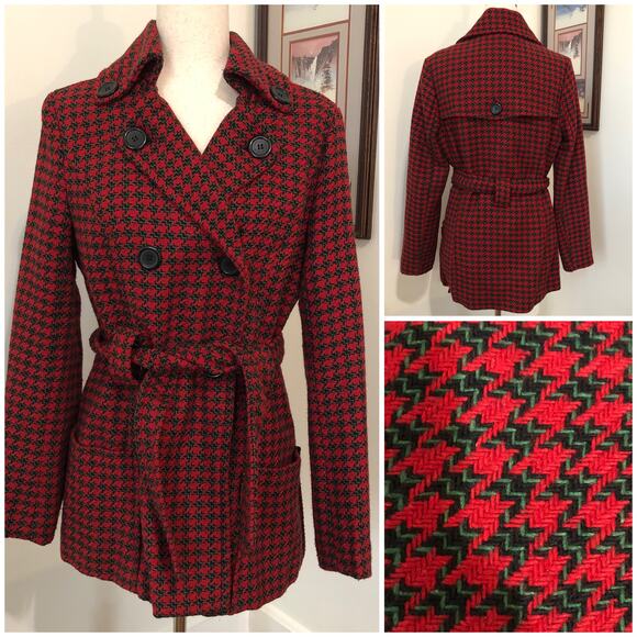 VTG Y2K Joujou Houndstooth Wool Blend Peacoat Red Black Tag L (Fit M) Holiday - Picture 1 of 15